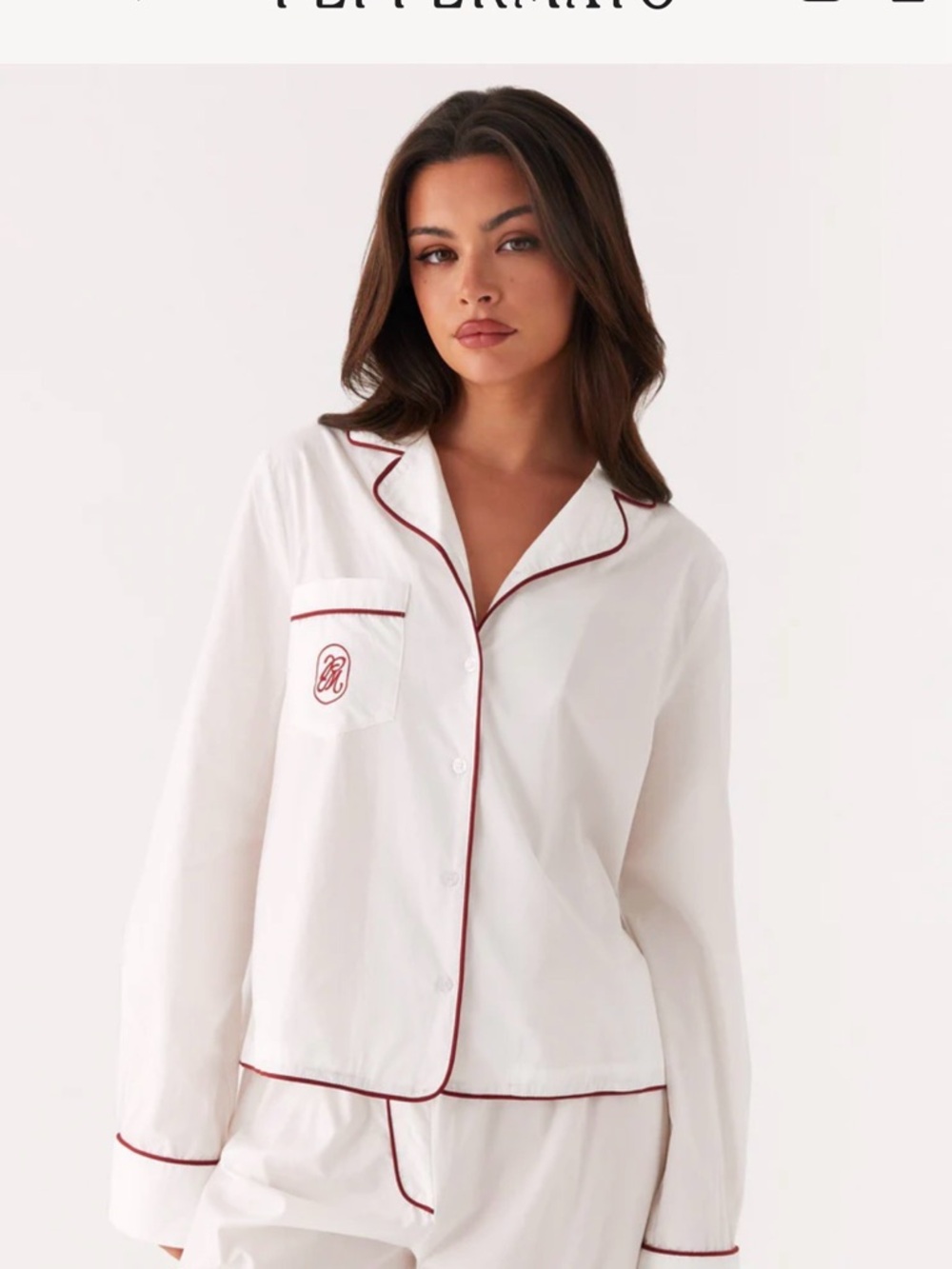 Peppermayo White Pajama Top with Burgundy Piping